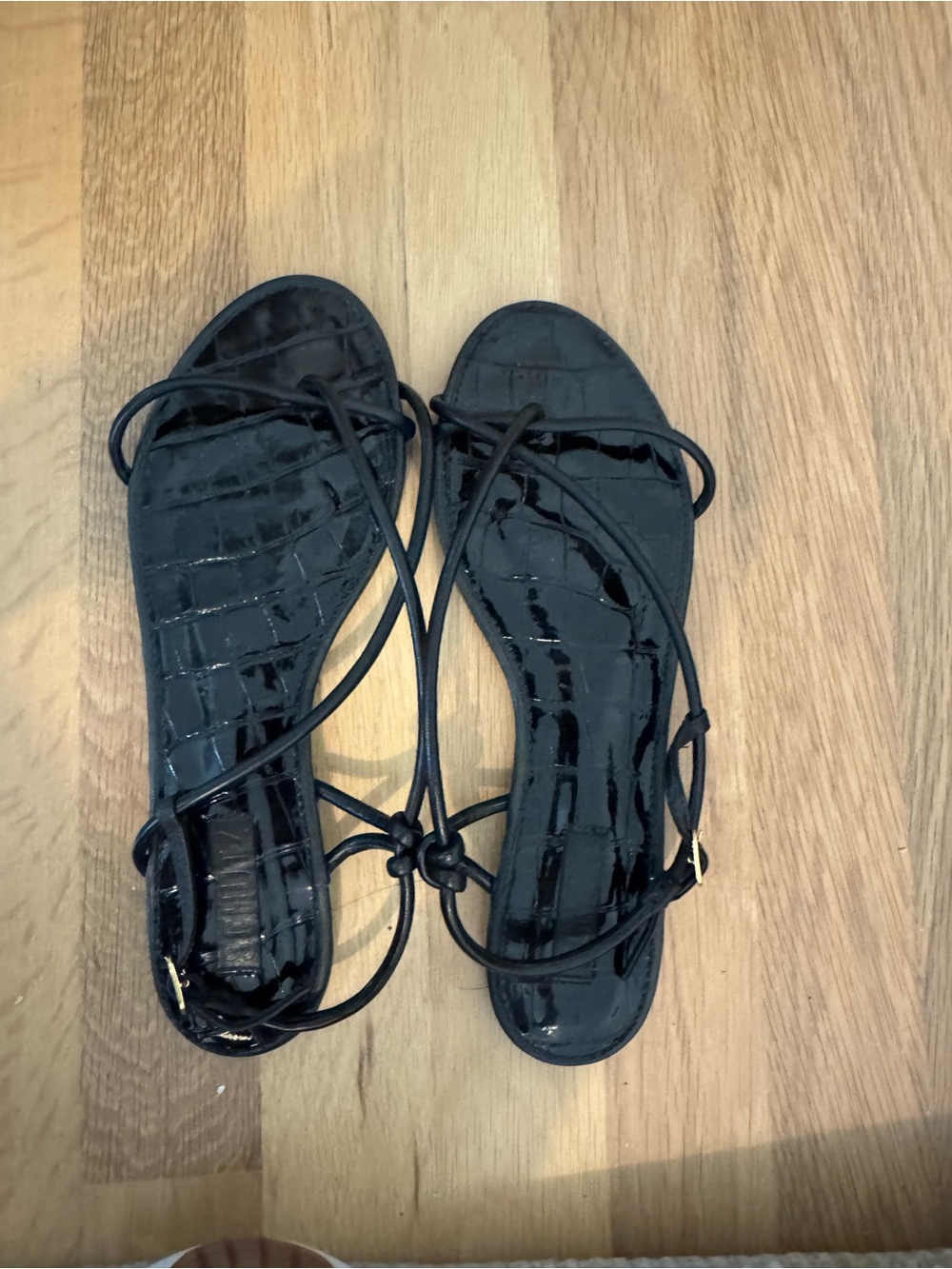 SCHUTZ Black Croc-Embossed Strappy Patent Sandals